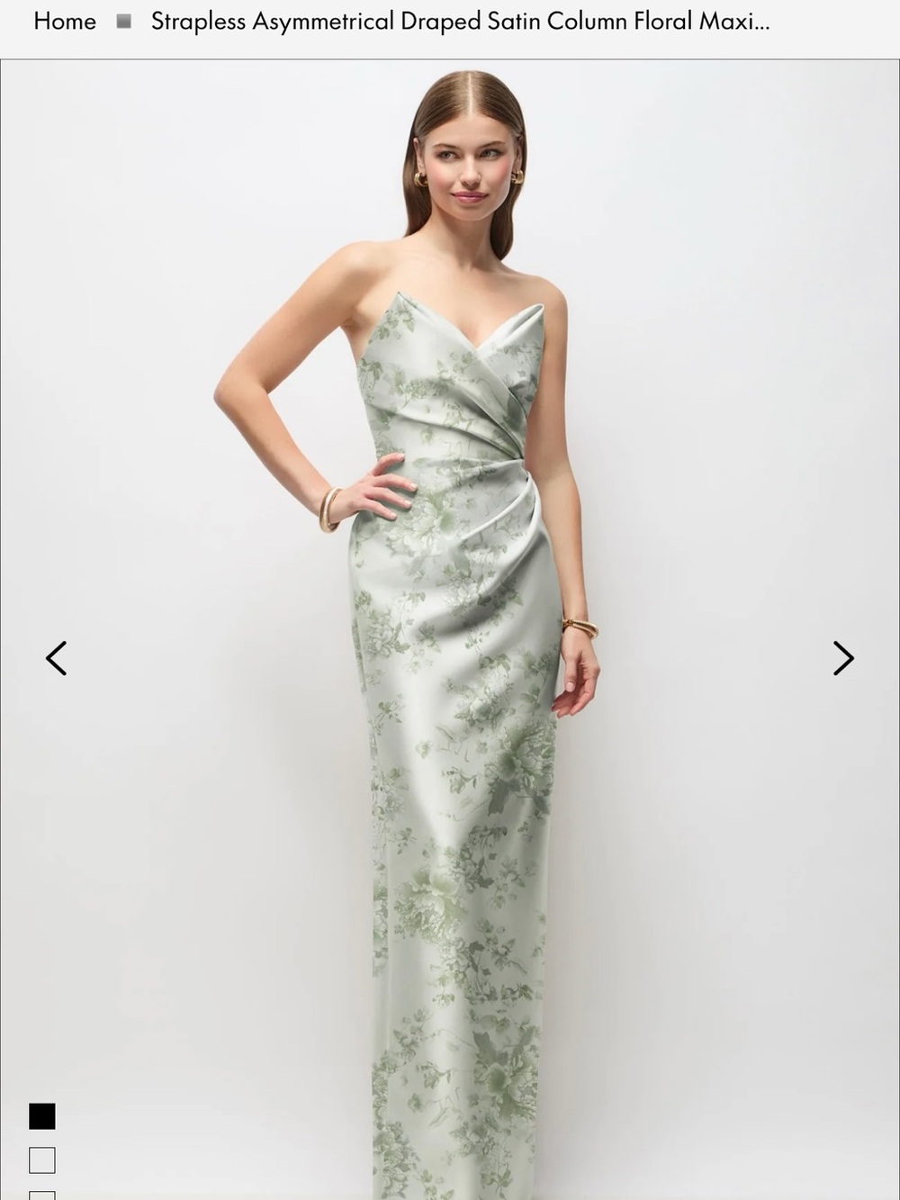 Strapless Asymmetrical Draped Satin Column Floral Maxi Dress - Sage Cottage Rose